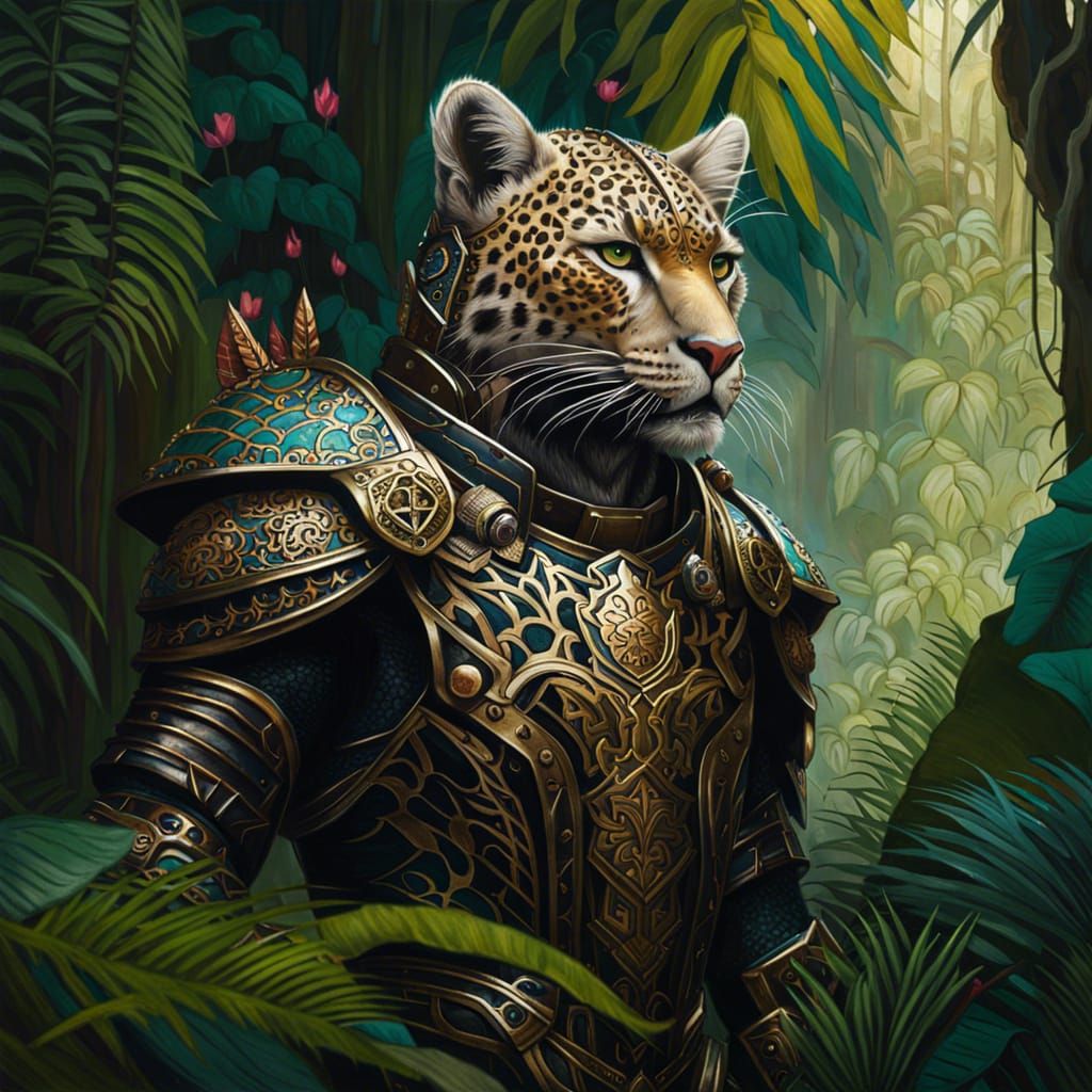 Anthropomorphic Leopard Warrior Portrait in Jungle