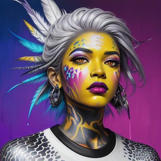 Graffiti Art Portrait: Woman with Feather Hair