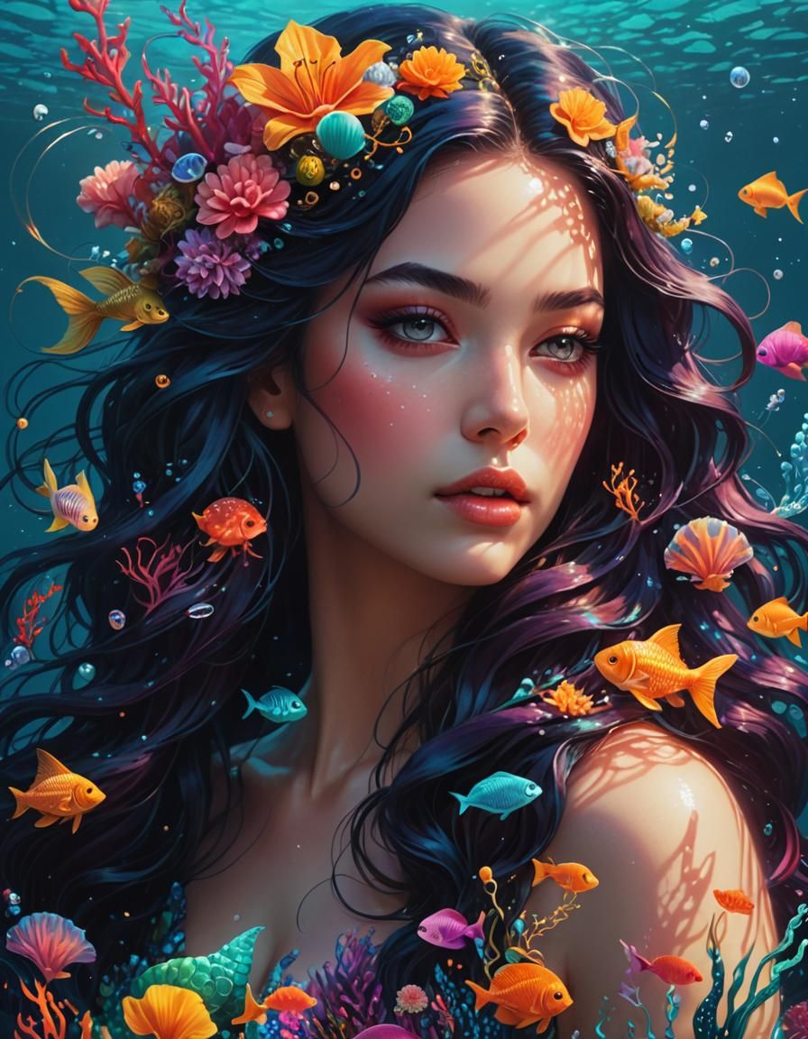 Flower Mermaid Portrait in Hyperrealistic Digital Painting