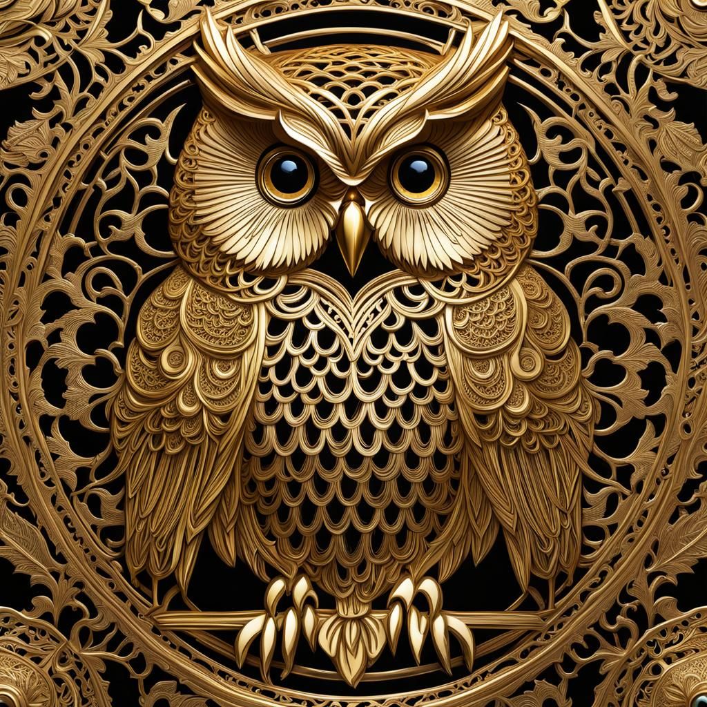 Gold owl, filagree pattern, intricate design,