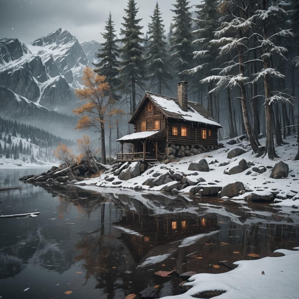 Winter Storm Cabin: Detailed Matte Painting