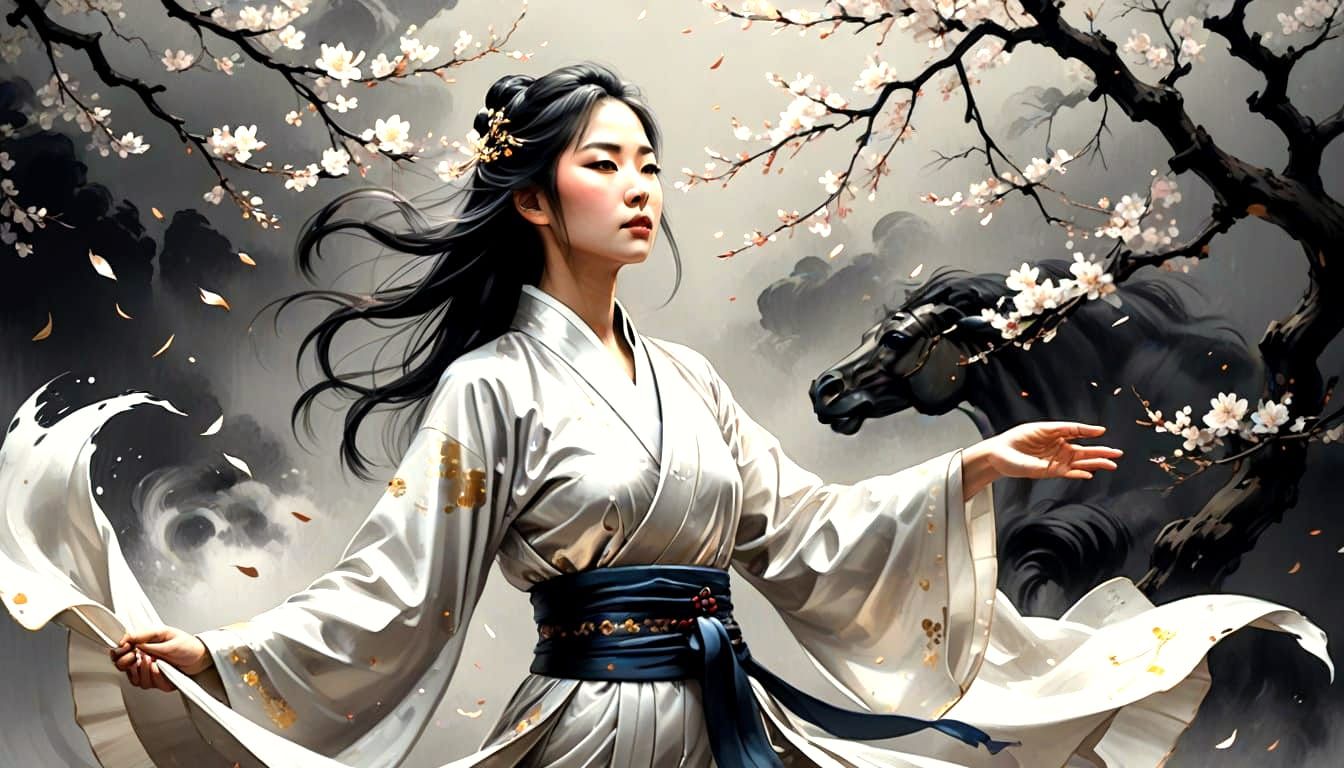 Chinese Girl in Taoist Clothing, Ink Painting Style