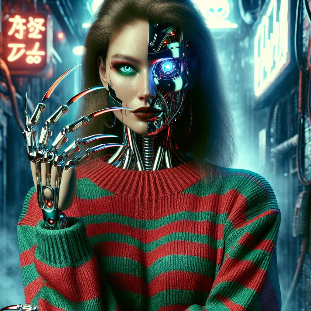 Cyborg Horror Character in 80s Movie Style