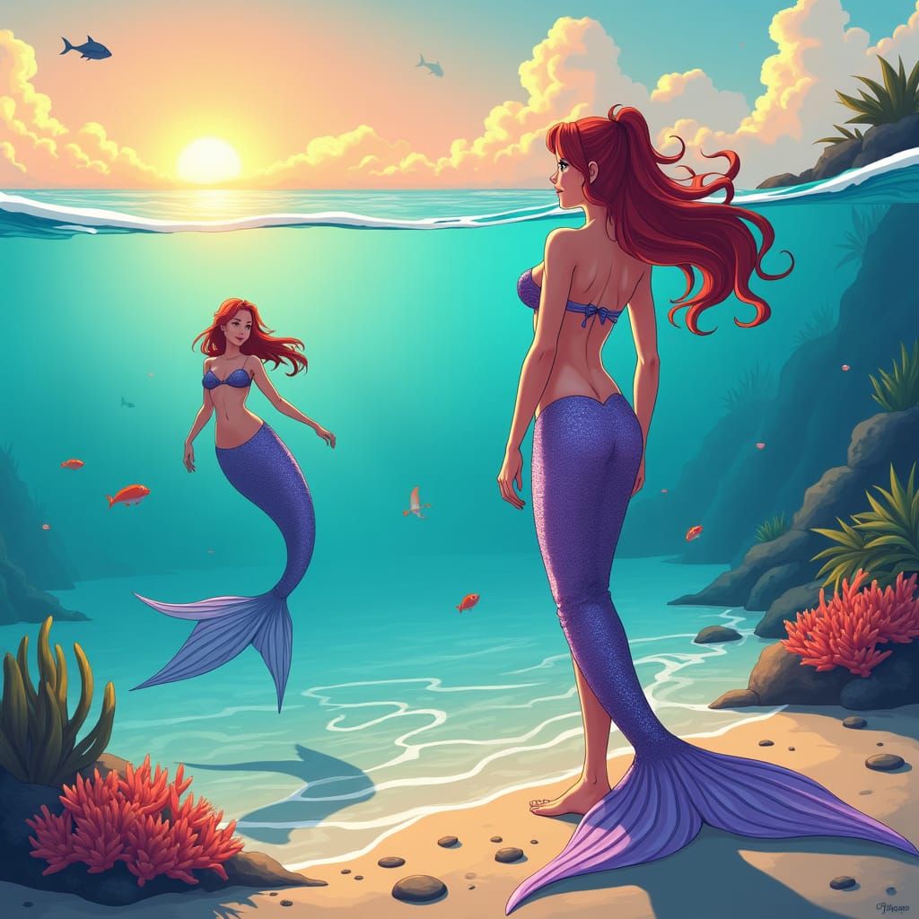 Anime Mermaid on Tropical Beach in Studio Trigger Style