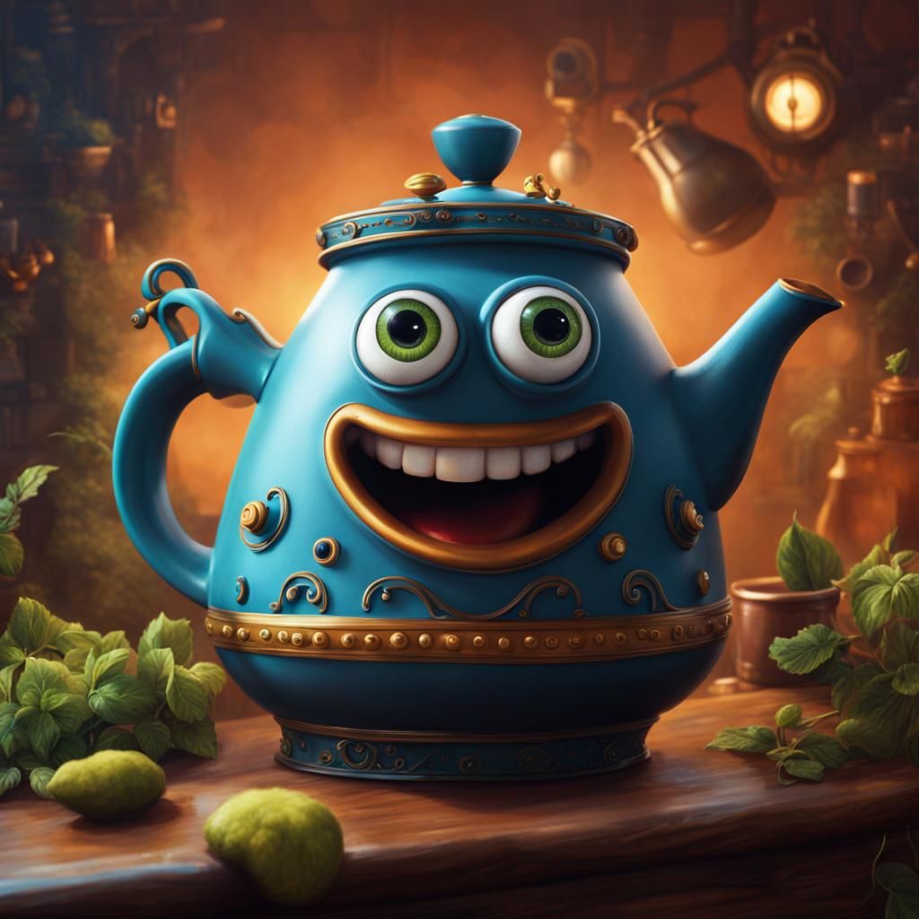 Anthropomorphic Teapot with Googly Eyes in 4D CGI