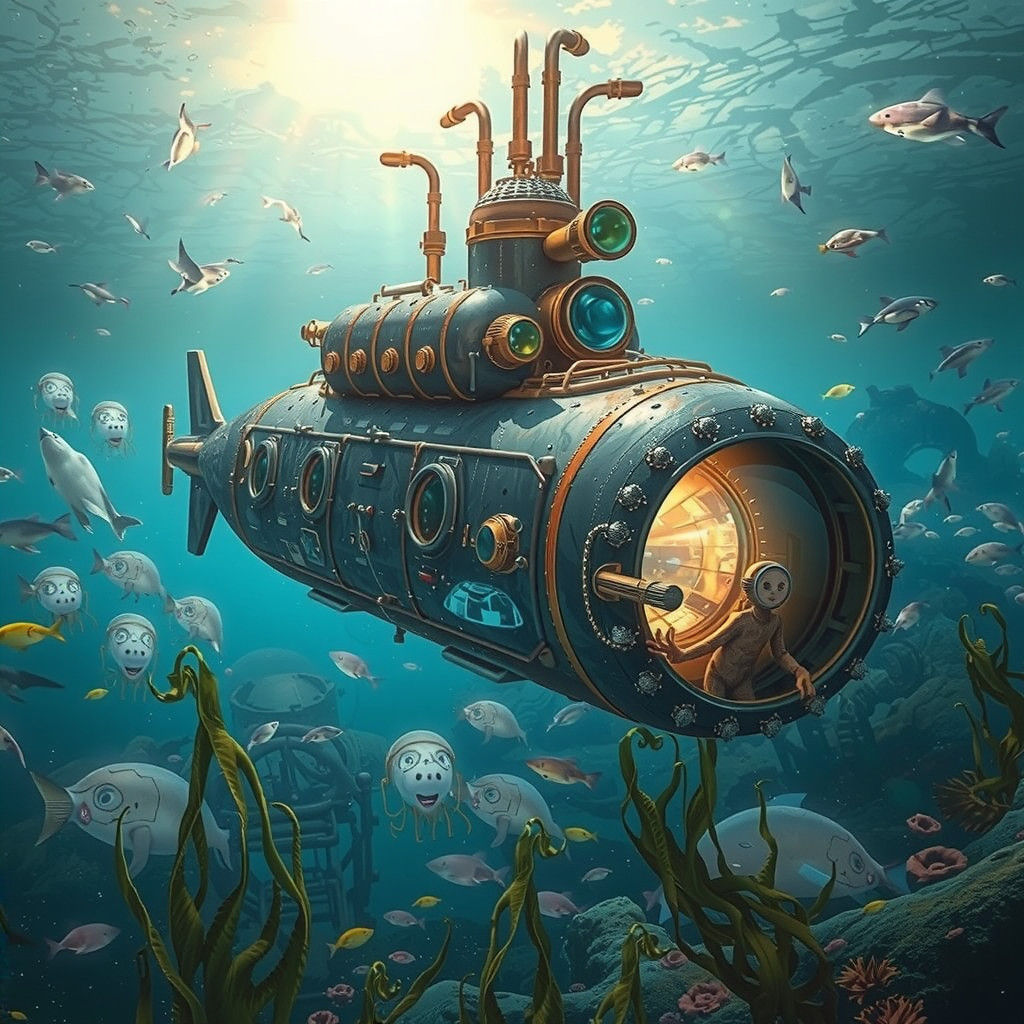 Fantastical Submarine in Dreamlike Underwater Realm