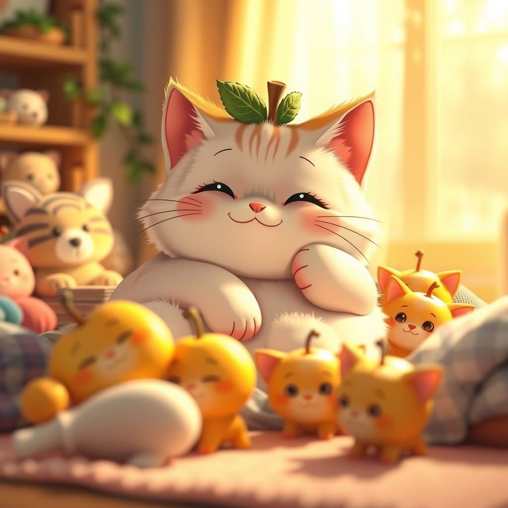 Cozy Apple Cat and Kittens in 3D Realistic Anime Home
