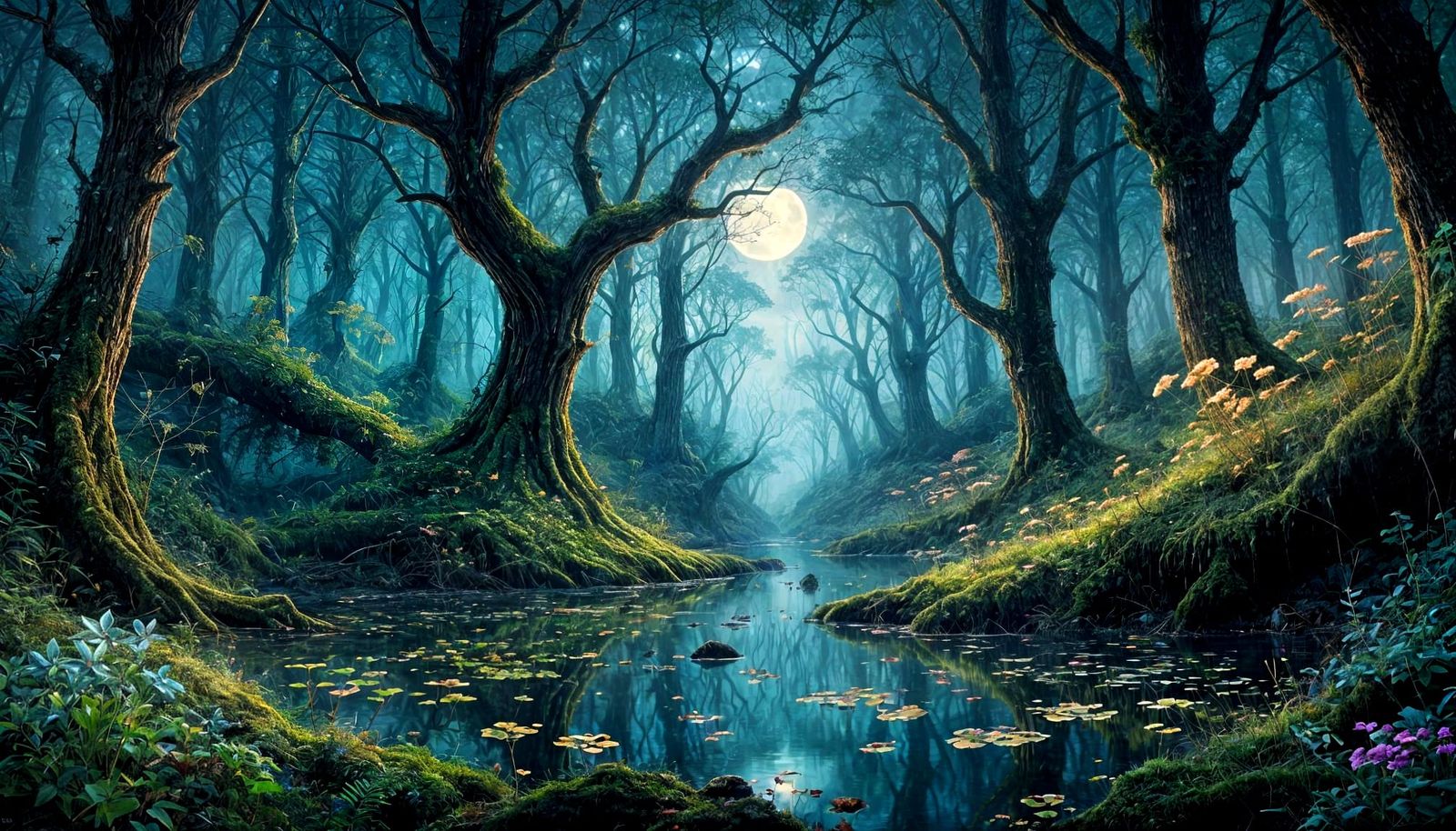 Bioluminescent Forest at Twilight With Glowing Flora