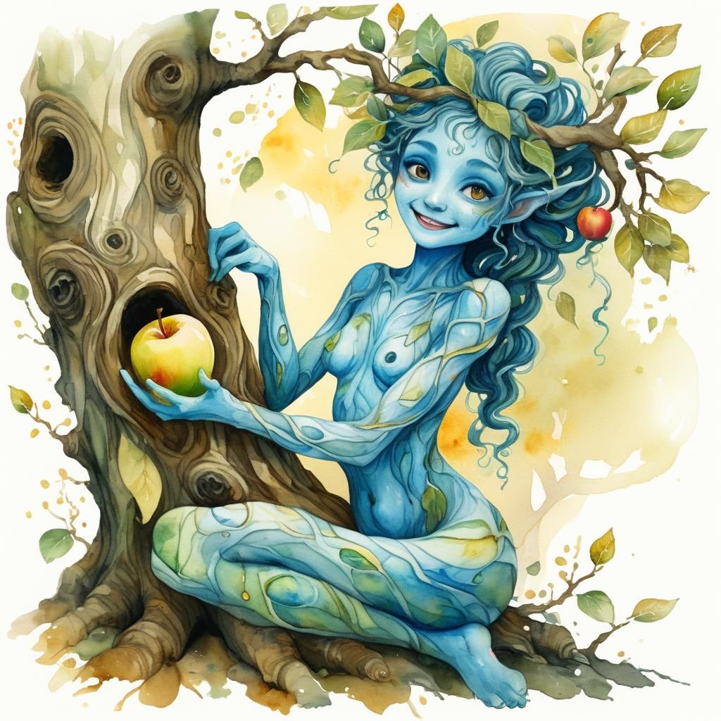 Blue-Skinned Dryad in Watercolor Style