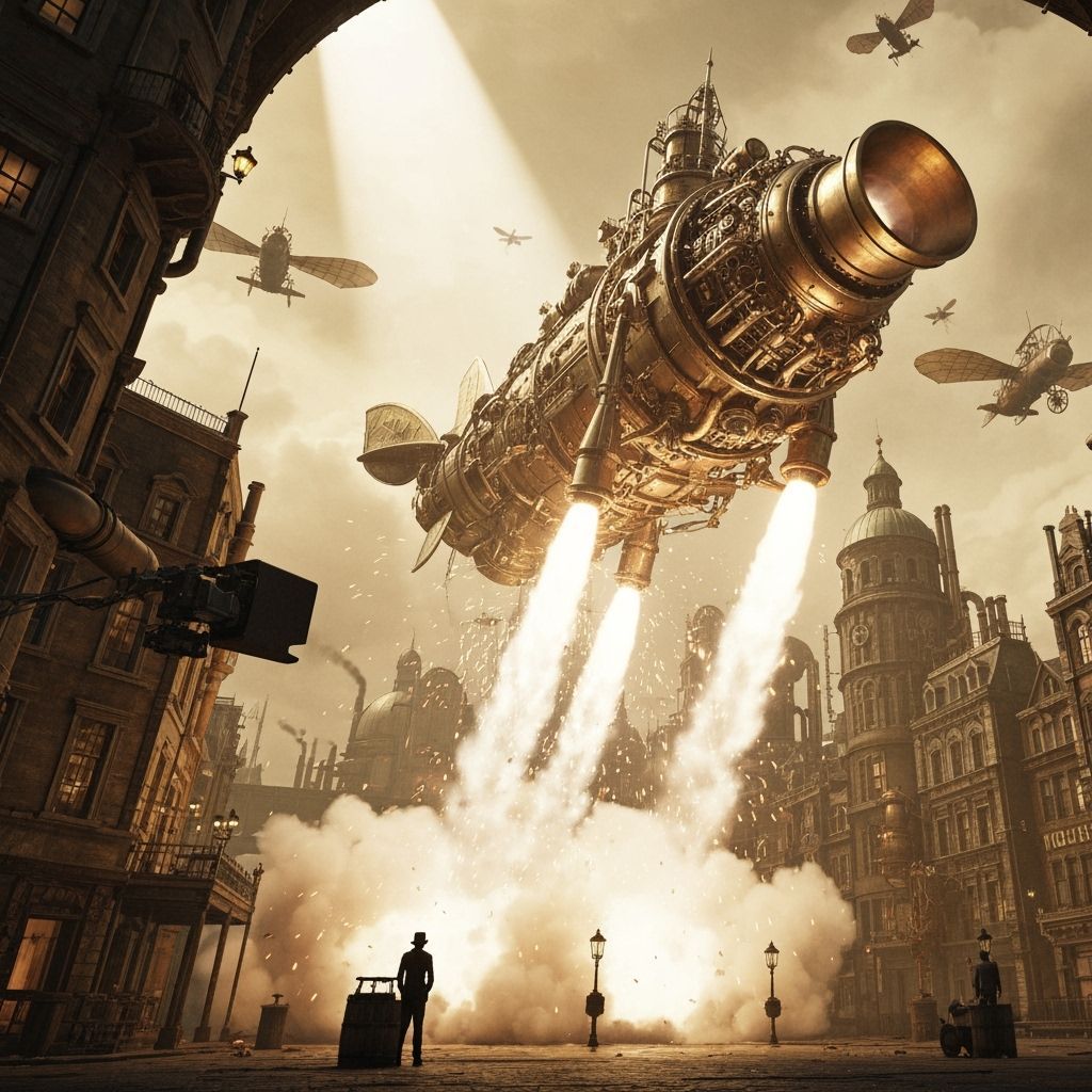 Steampunk Rocket Launching into the Sky