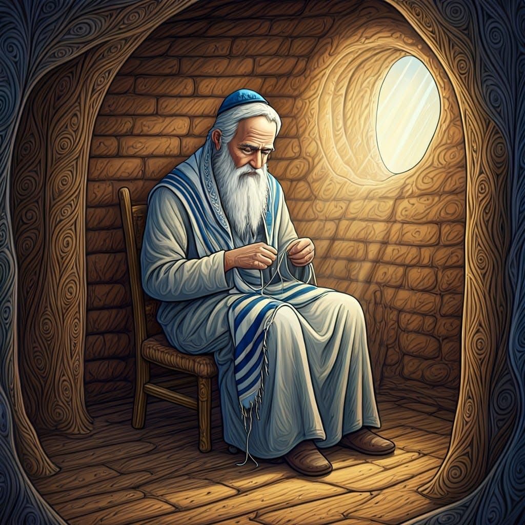 Whimsical Rabbi Tying Tzitzit in Minimalist Mud-Brick Home