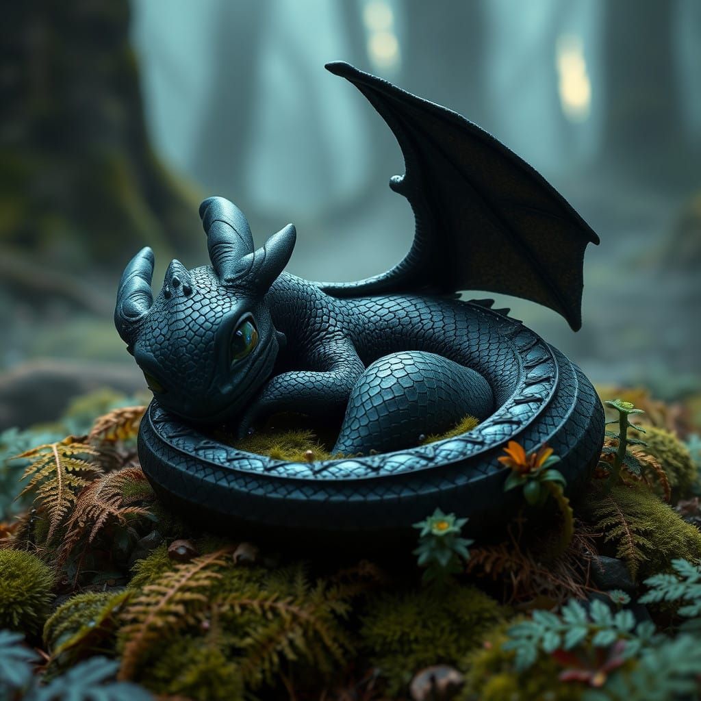 Baby Dragon Slumbers in Mystical Forest