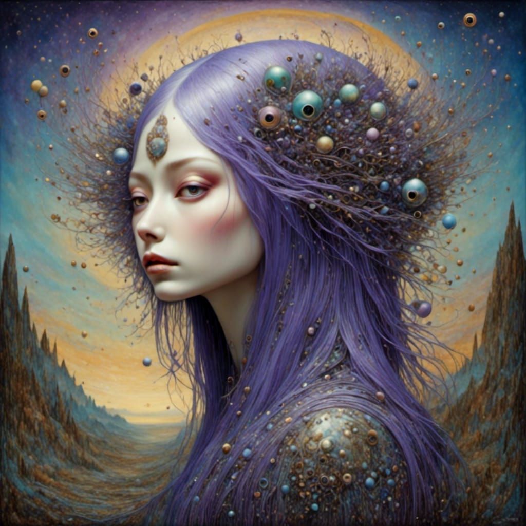 Surreal Woman with Lavender Hair in Alien Landscape