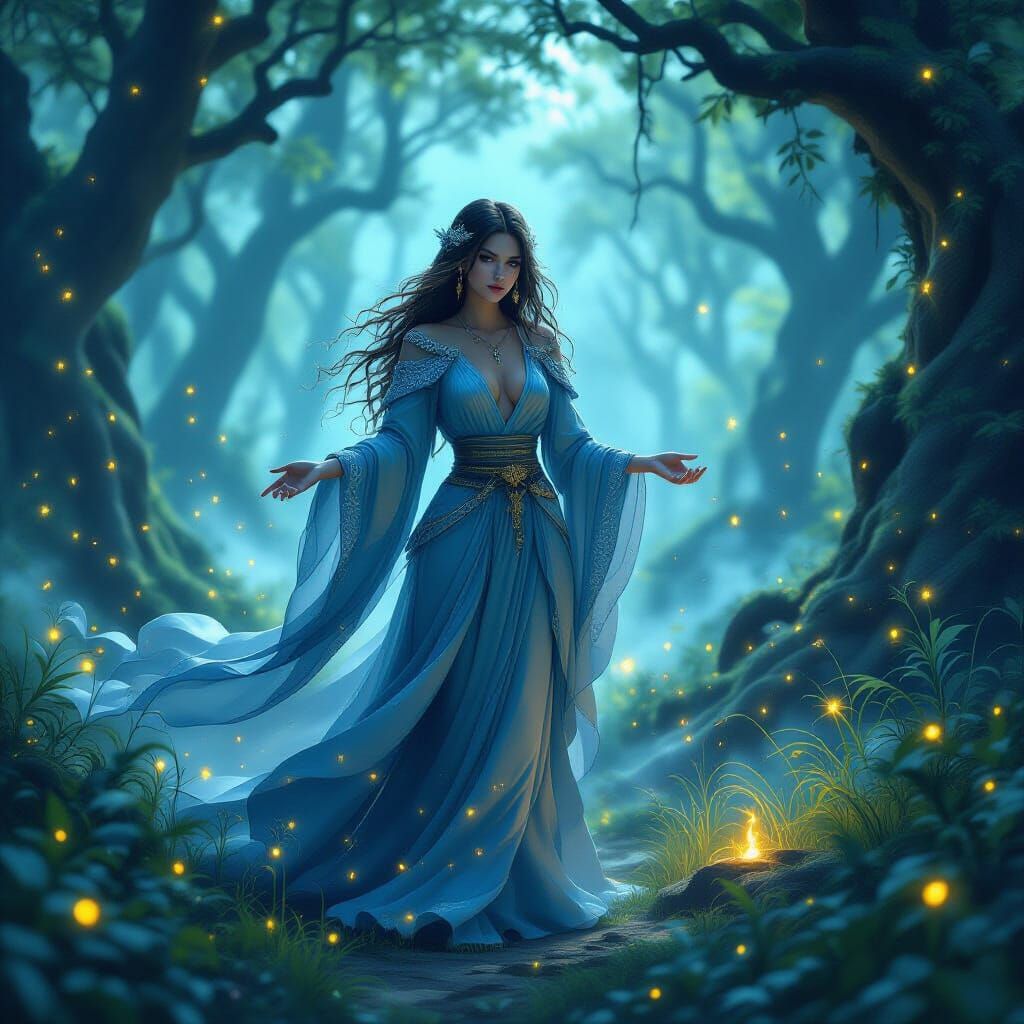 Starlit Sorceress in Mystical Grove: Ethereal Digital Art