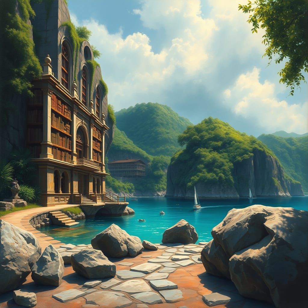 Ancient Island Library in Impressionist Style