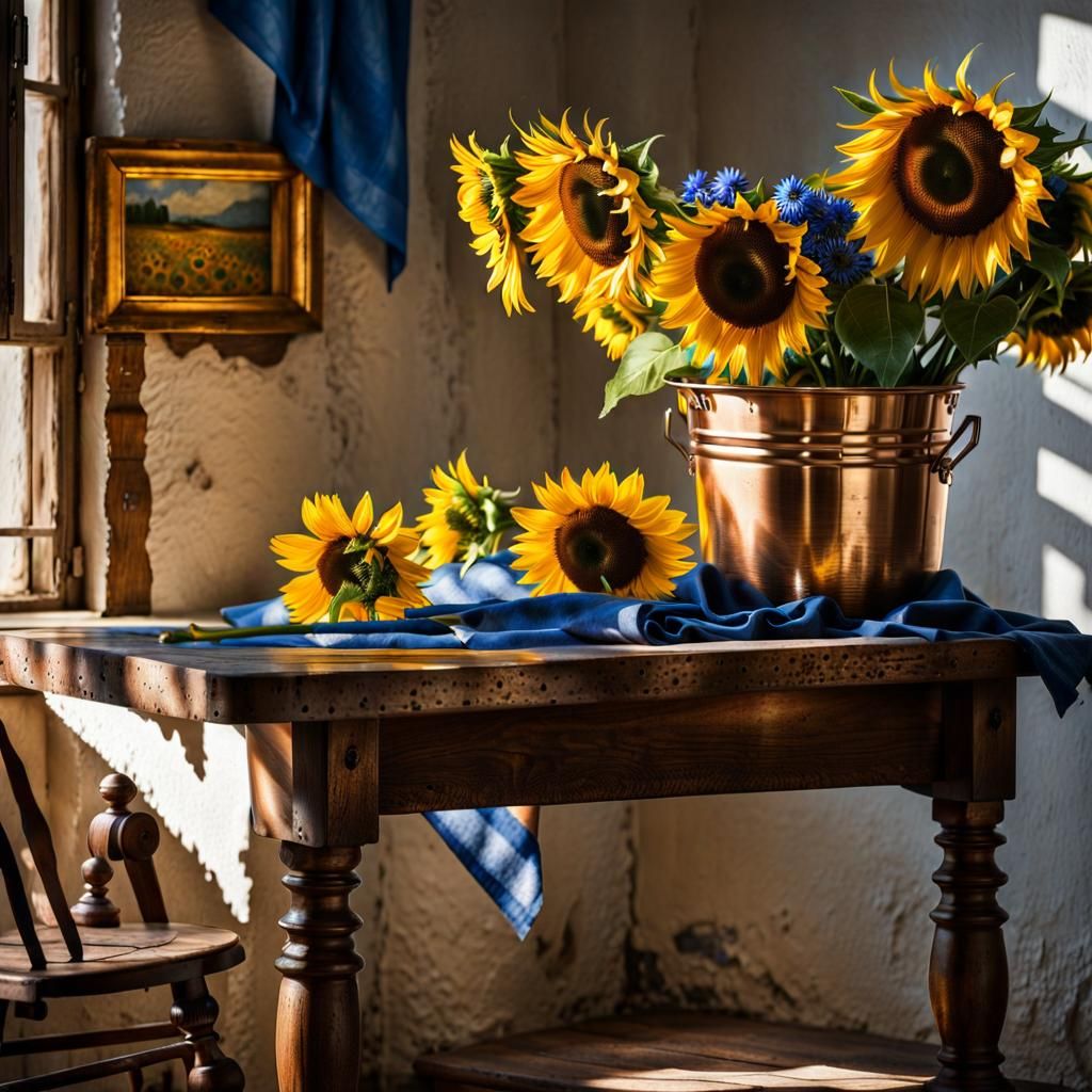 Sunflowers and Delft Blue Bouquet in Golden Light