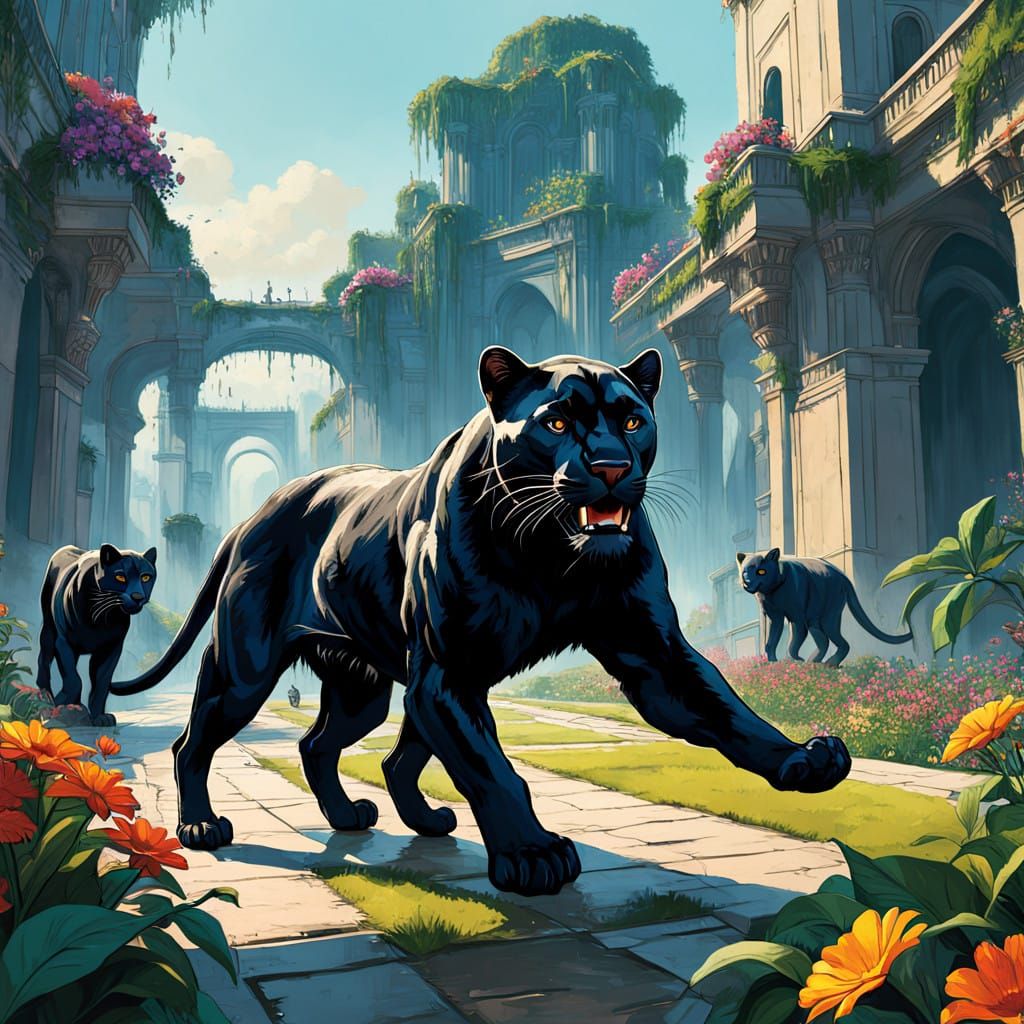 Vibrant Black Panther Cubs in Majestic Hanging Gardens