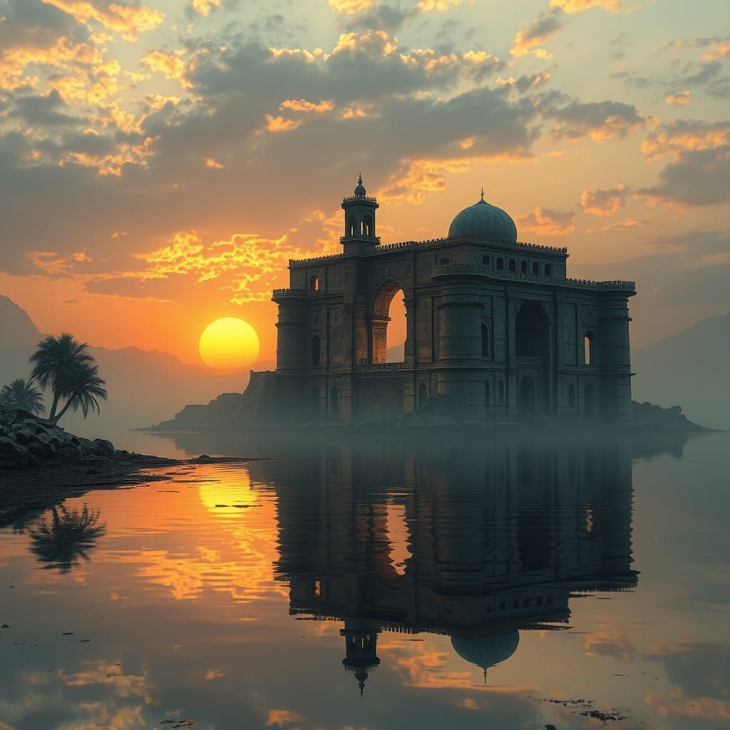 Arabian Ruined City Reflected at Sunset