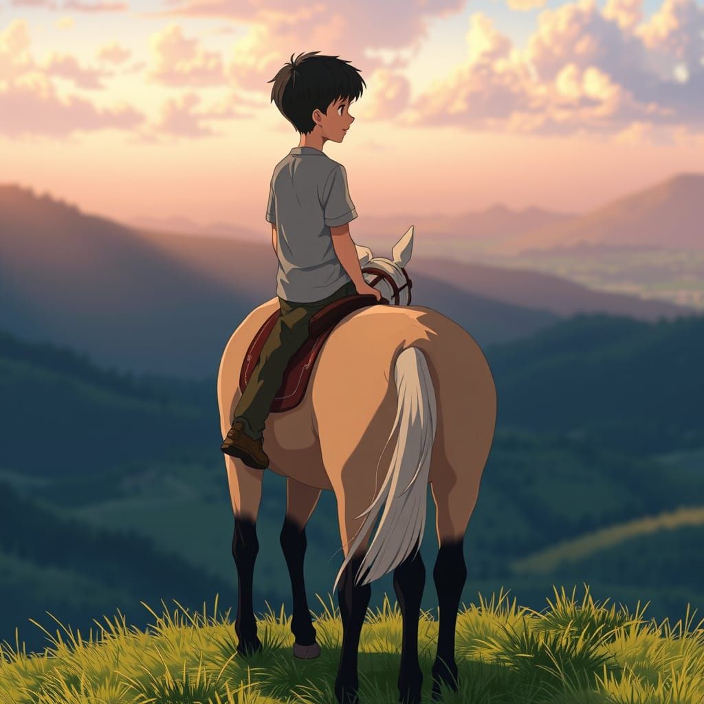 Boy on Horse in Anime Style, Deep Colors