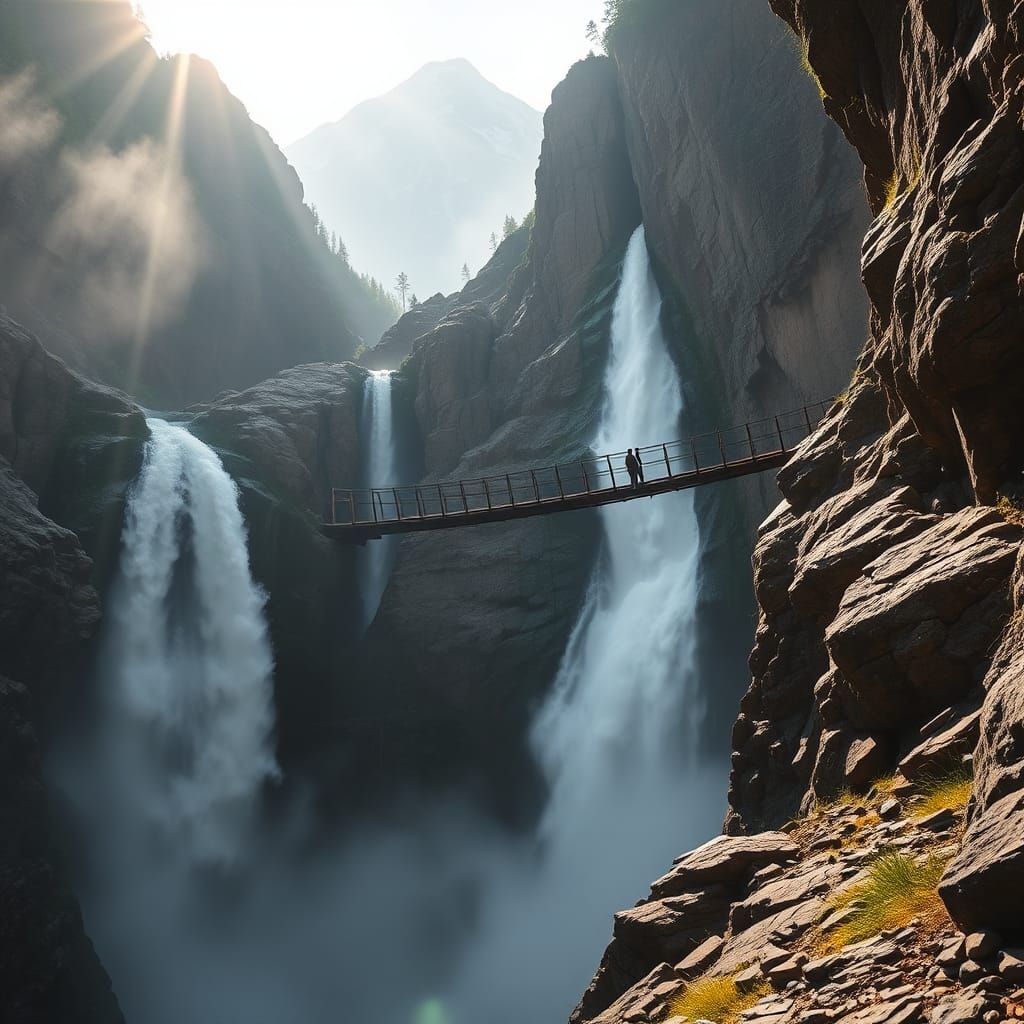 Majestic Waterfall with Bridge and Mountain View