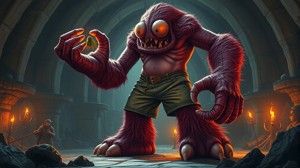 Giant Cyclops Holds Beetle in Torchlit Dungeon