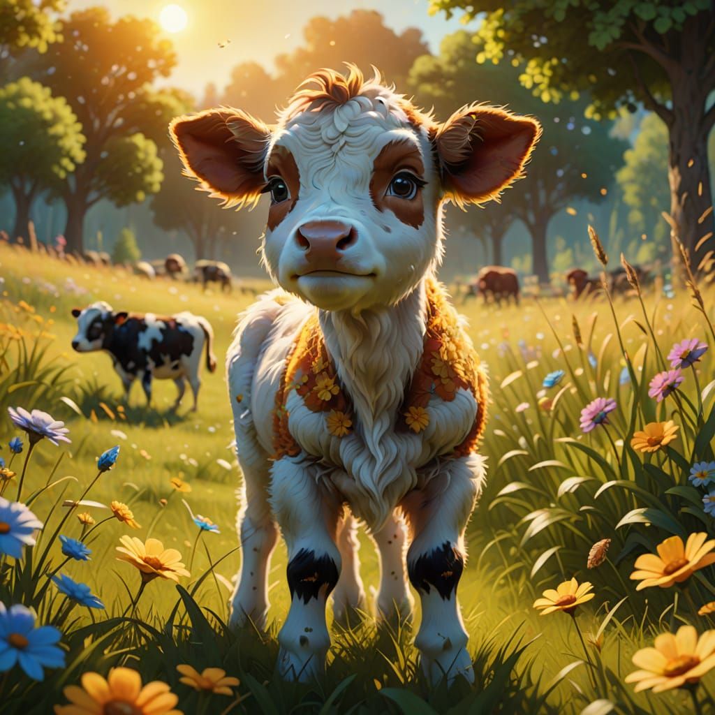 Cute Calf on Meadow in Pixar Style