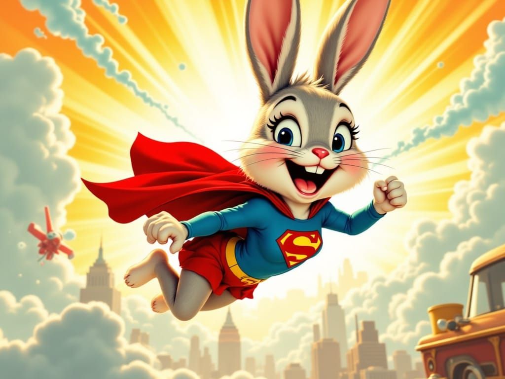 Laughing Bunny Supergirl Flies Victorious Above City