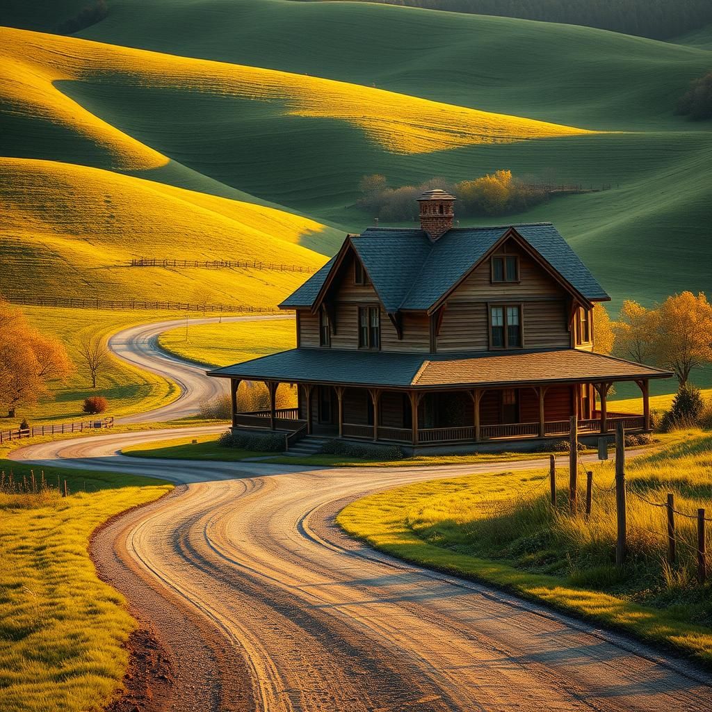 Victorian Farmhouse on Winding Road in Golden Light