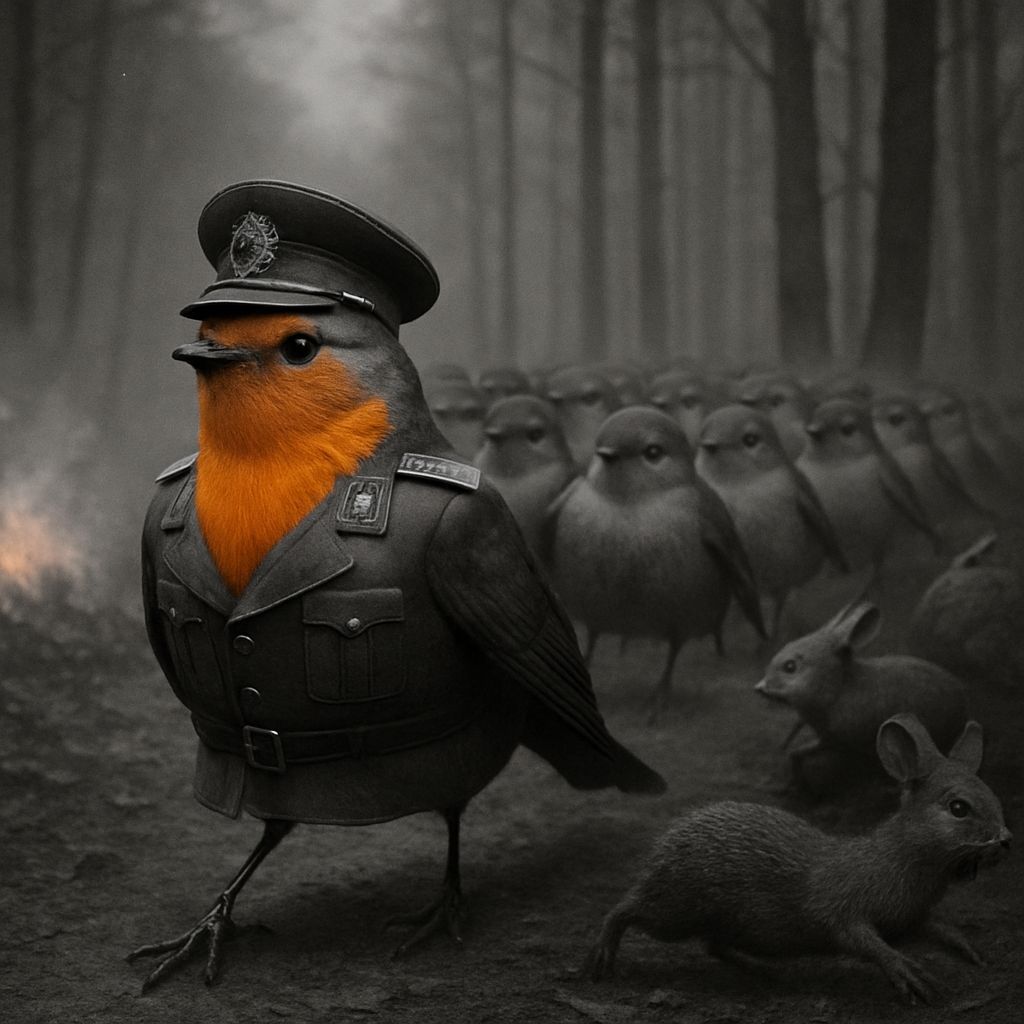 Robin Military Dictator Leads Army: Black and White Photo