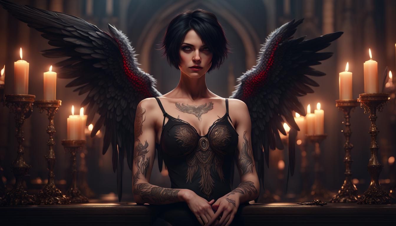 Gothic Angel with Dark Wings in Candlelight