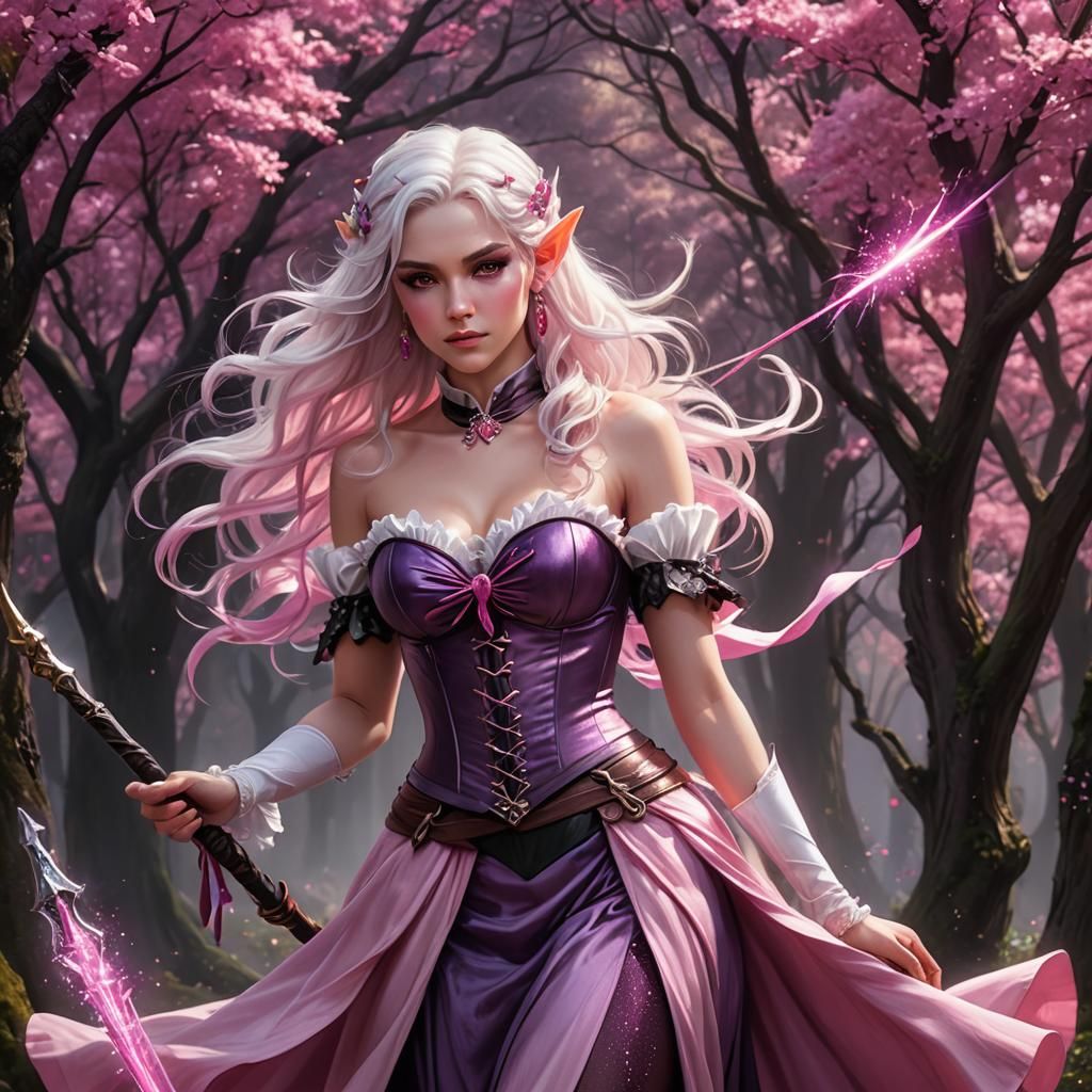 Pink Elf with White Hair Fantasy Concept Art