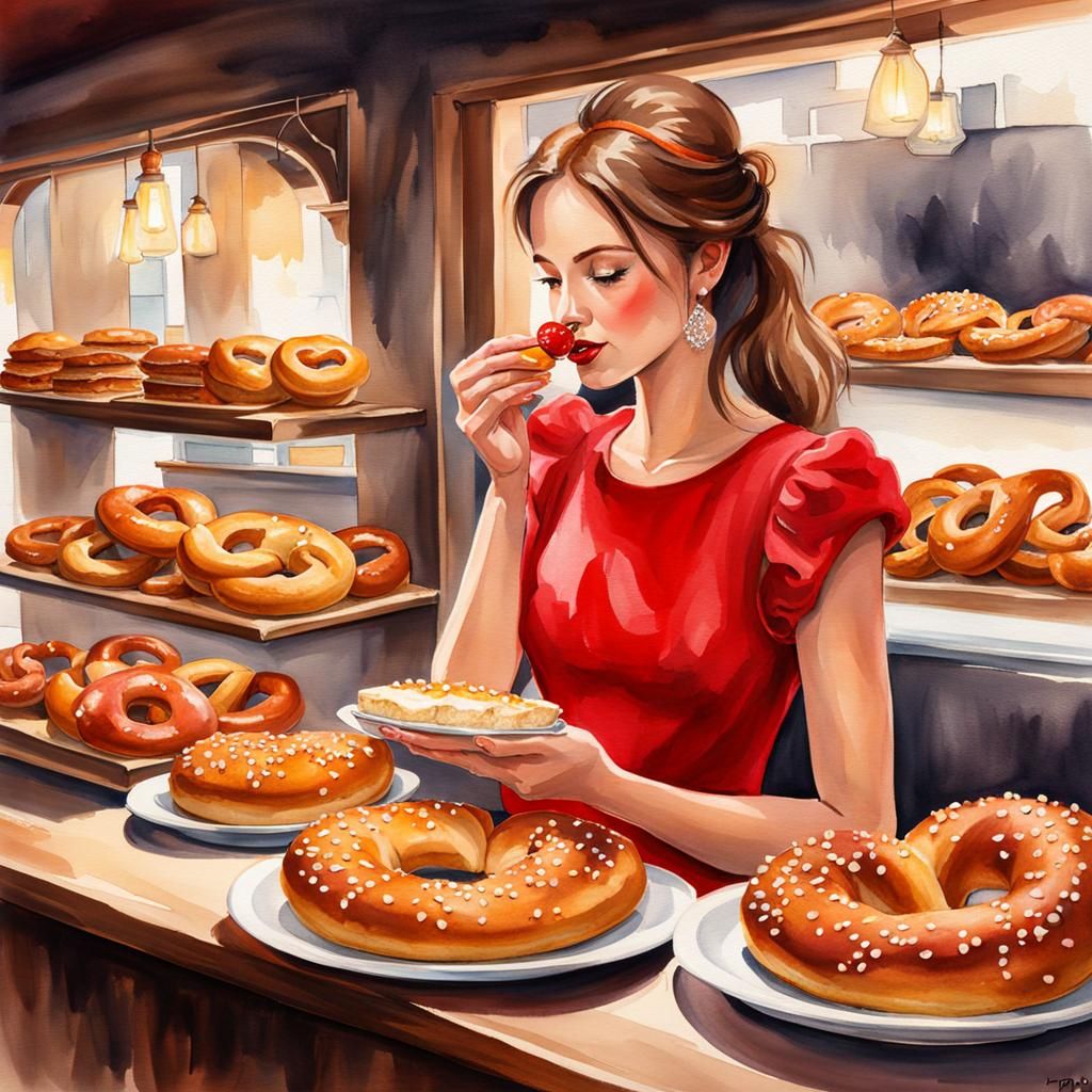 Girl in Red Dress Eating Pretzel: Watercolor Painting