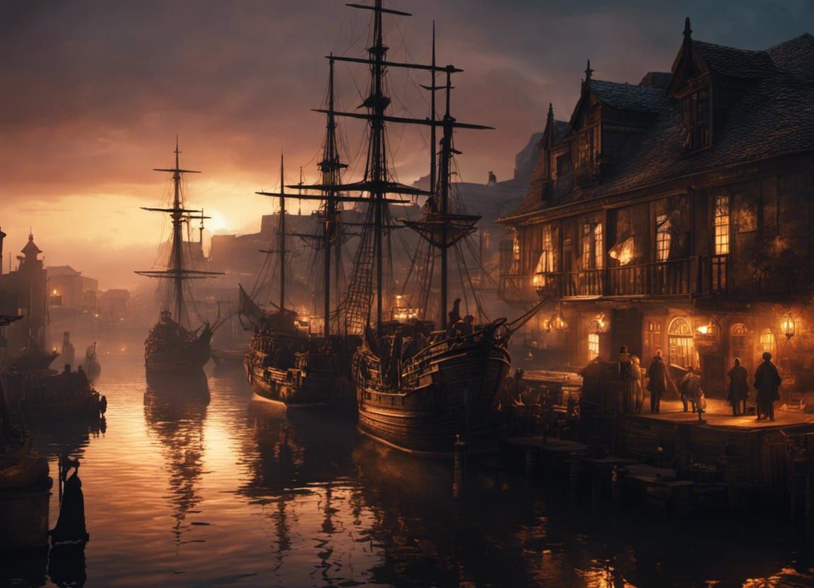 Pirate Ships Docked at 17th Century Port