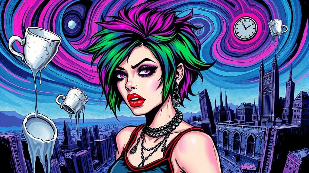 Punk Girl in Surreal Dreamscape with Melting Clocks