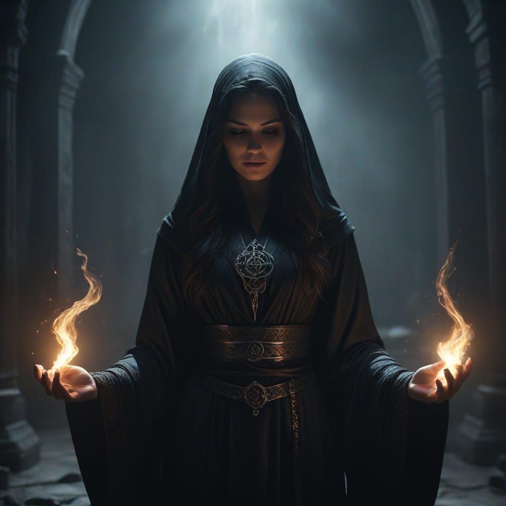 Mysterious Woman Performing Dark Rituals With Ethereal Glow
