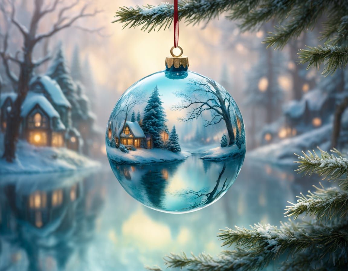 Aqua Christmas Bauble Reflection in Misty Forest