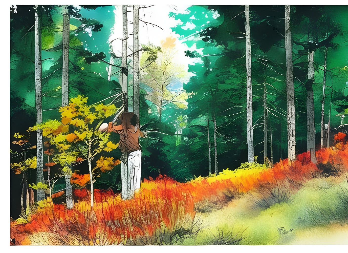 Deciduous Forest in Watercolor Line Art