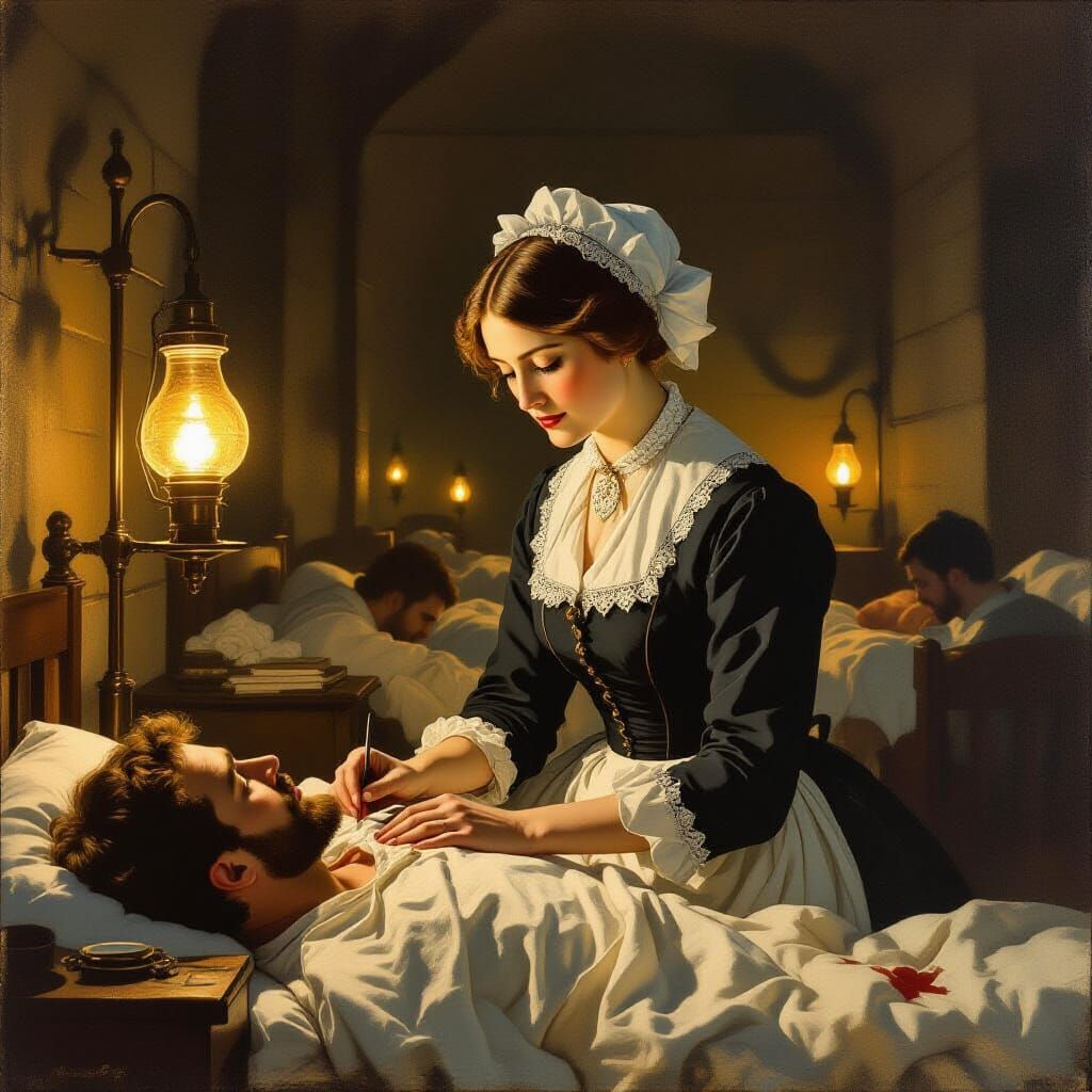Florence Nightingale Tending Wounded Soldiers in Gouache Pai...