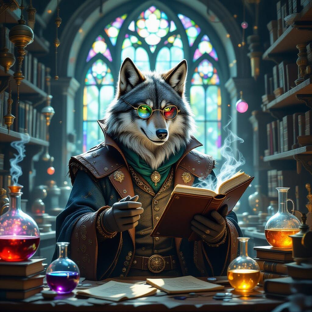 Wolf Alchemist in a Cluttered Fantasy Laboratory