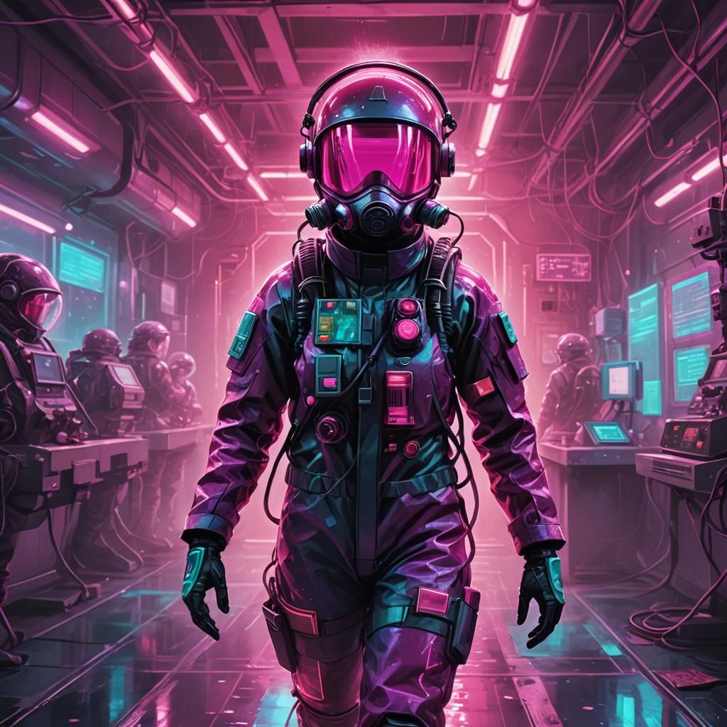 Neon Raspberry Nuclear Researcher in Protective Suit