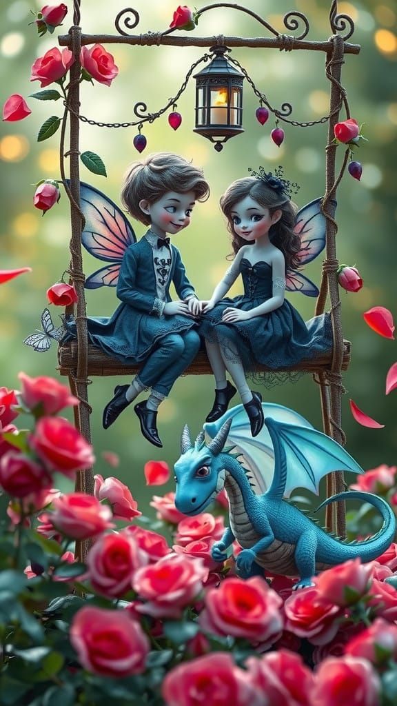 Dreamy Blue Fairy Couple on Whimsical Heart-Shaped Swing