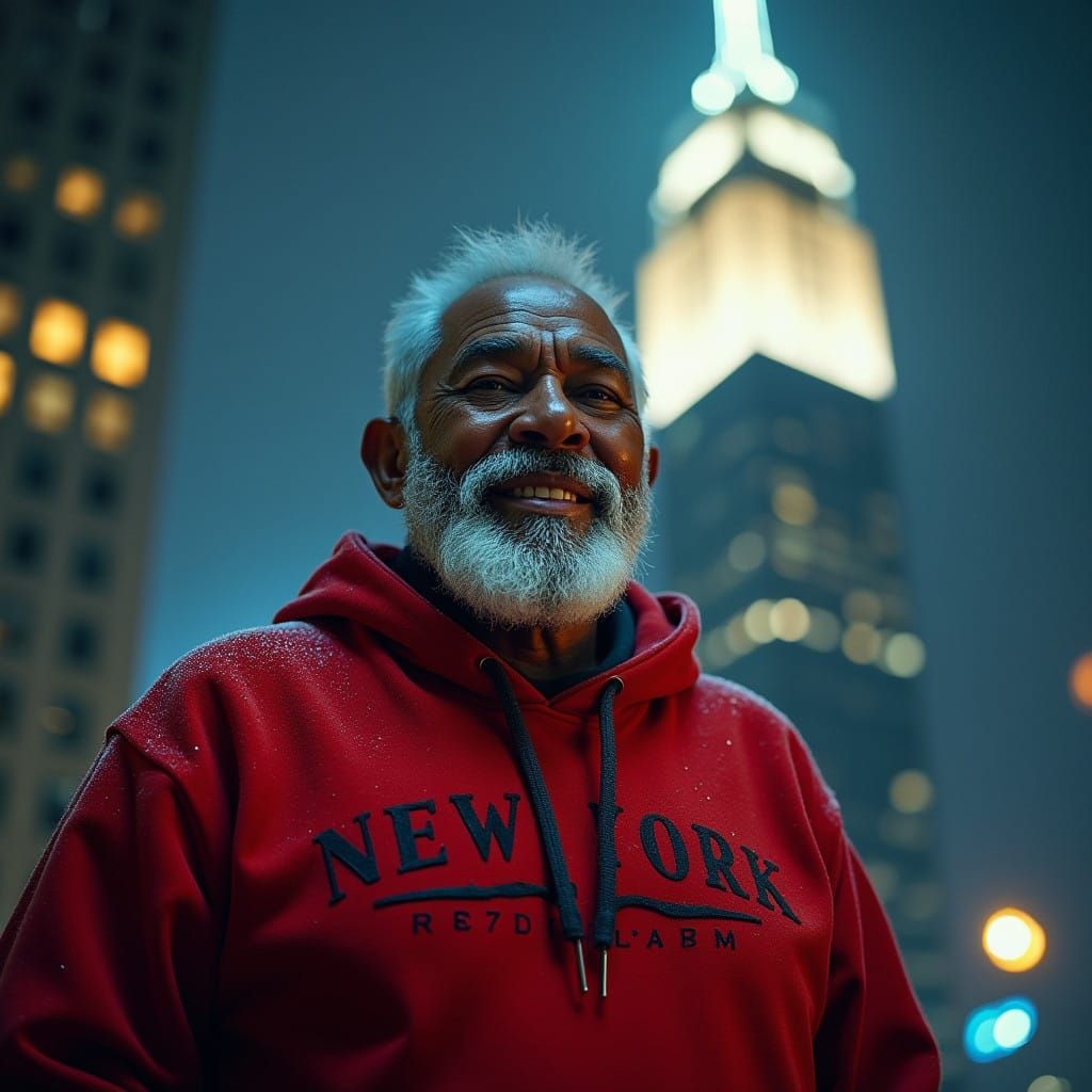 Tall, Vibrant Santa Claus against New York City Skyline