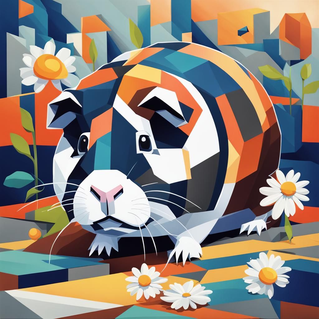 Robotic Guinea Pig and Daisy in Cubist Style