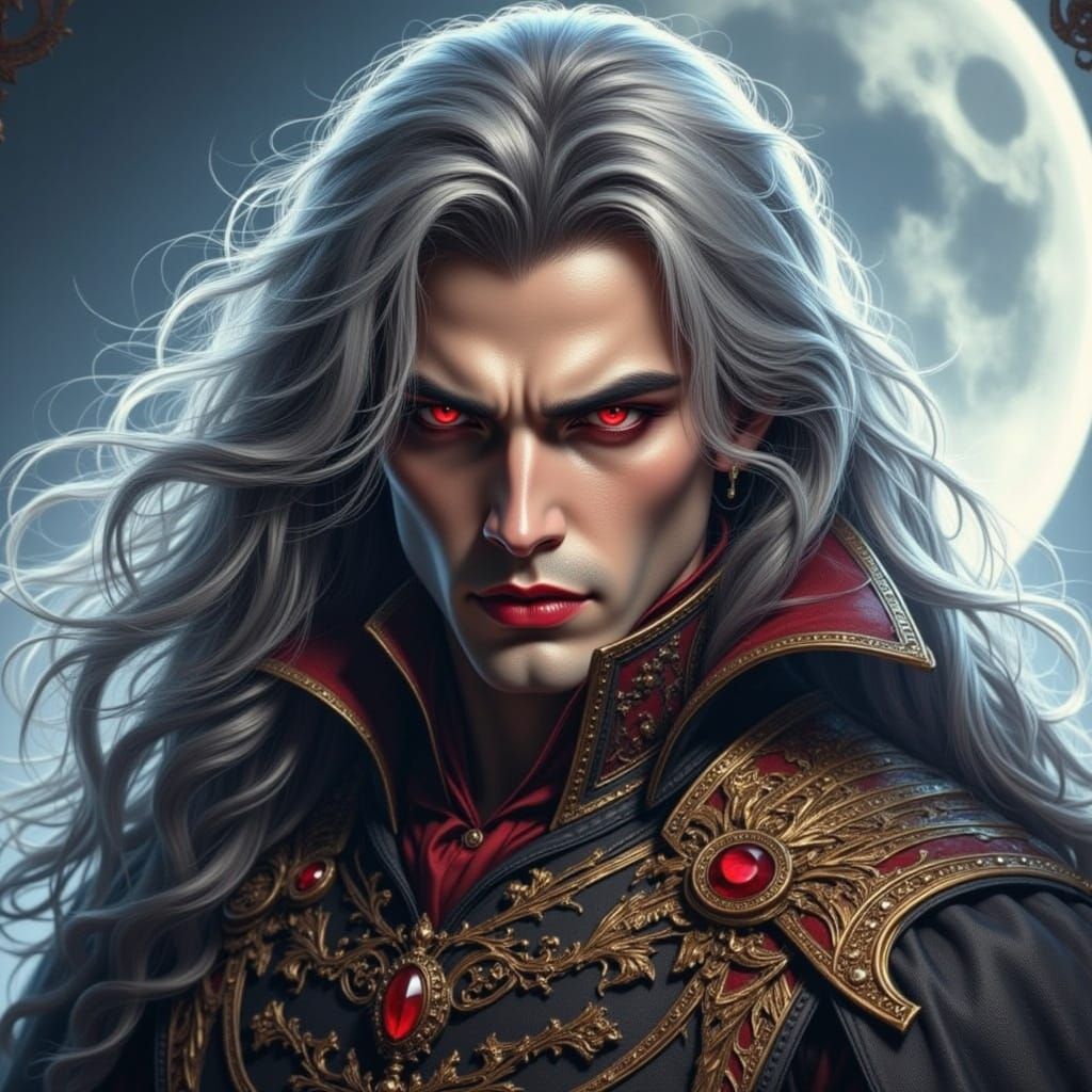 Aristocratic Vampire Man with Red Eyes in Dramatic Oil Paint...
