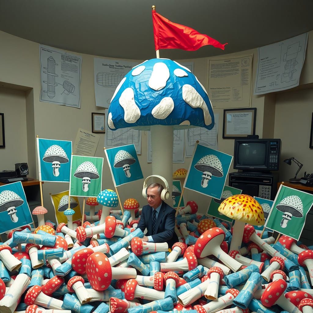 Gigantic Linocut-Inspired Mushroom Flag in a Futuristic Offi...