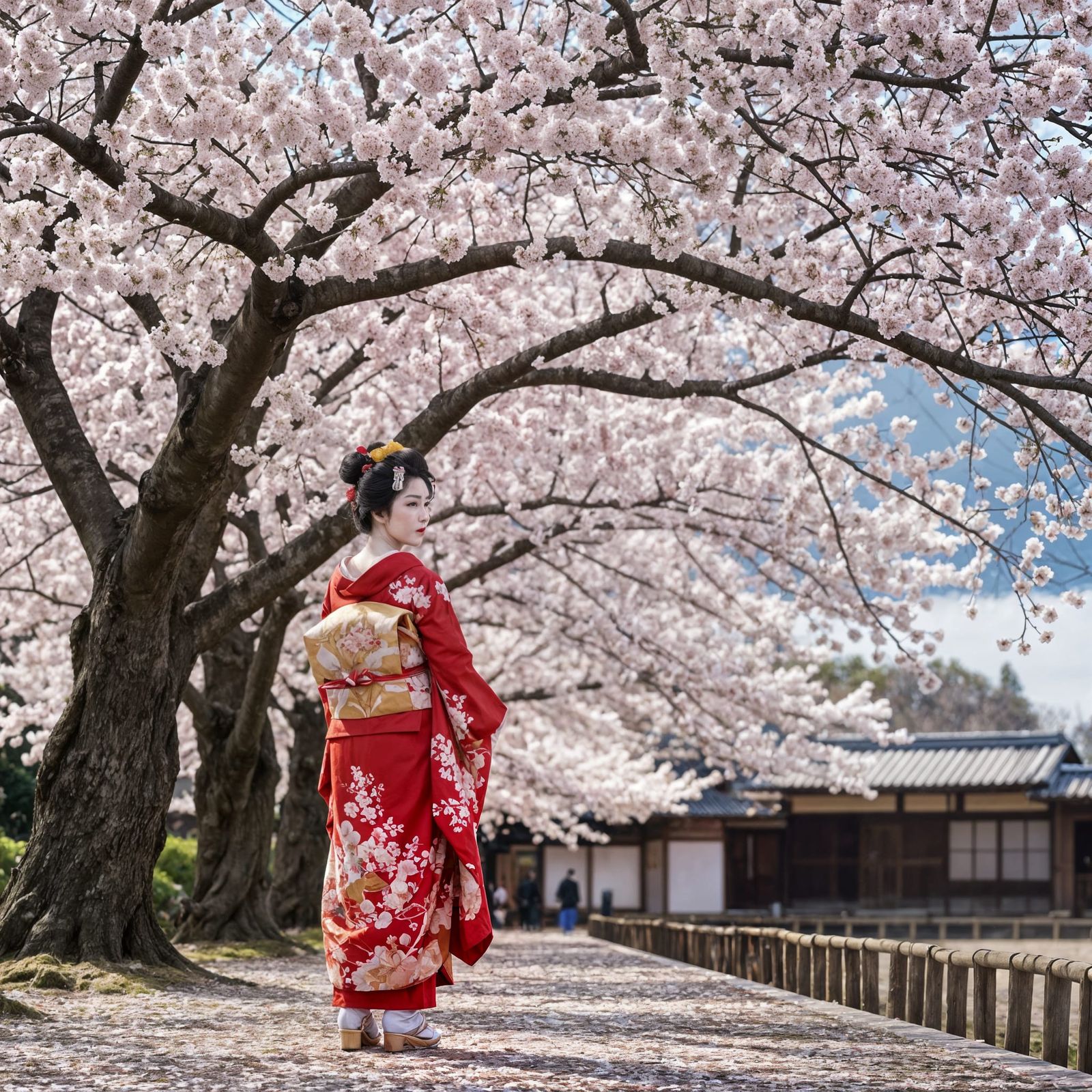 Geisha Under Cherry Tree in Full Blossom
