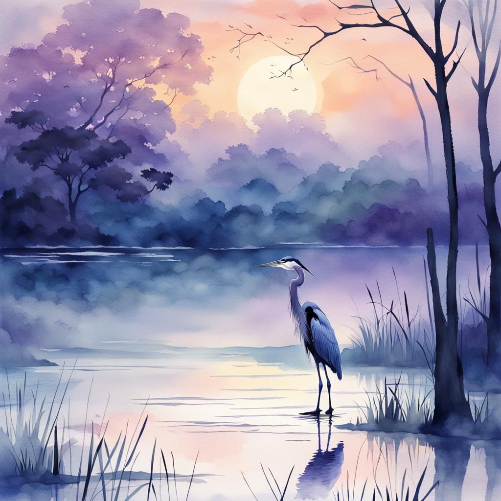 Heron by Misty Lake in Anime Key Visual Style