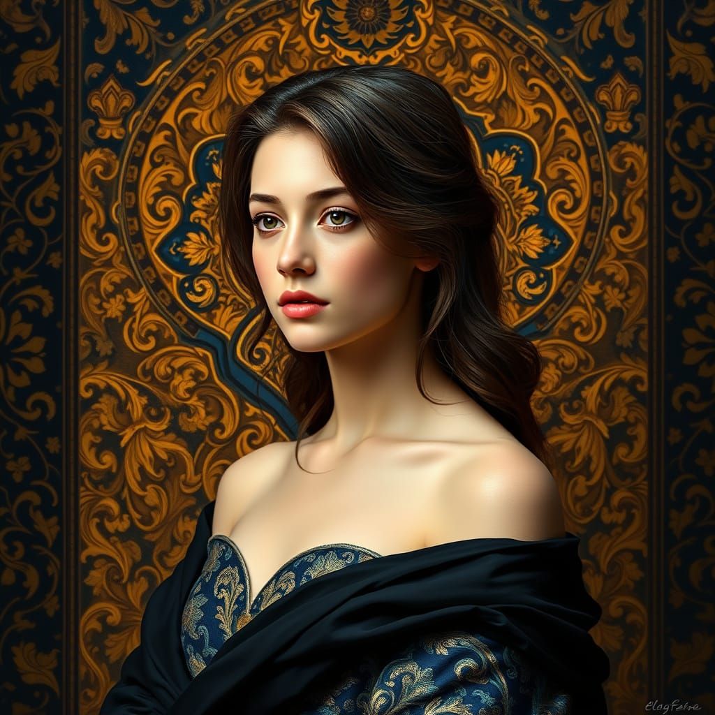 Elegant Young Woman in Baroque Portrait with Tapestry Backdr...