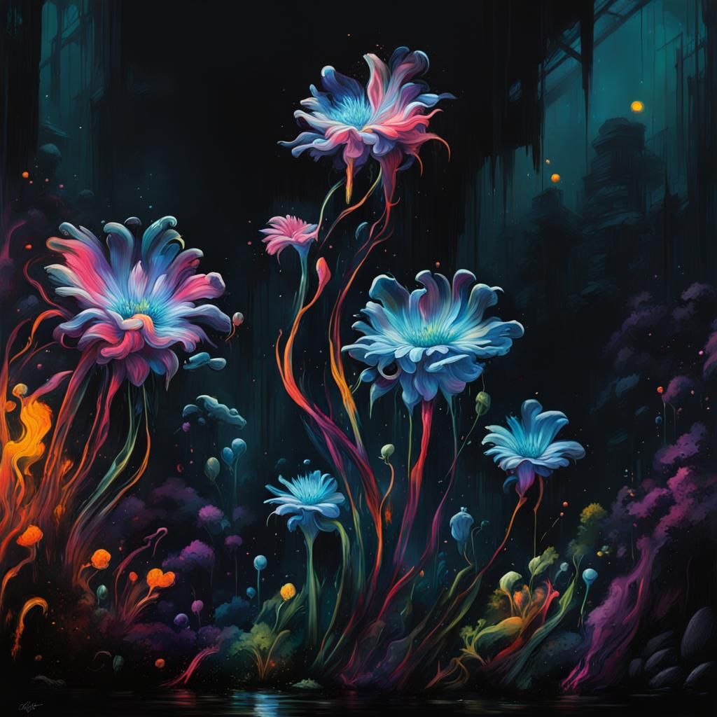 Bioluminescent Flowers in Graffiti Art Style