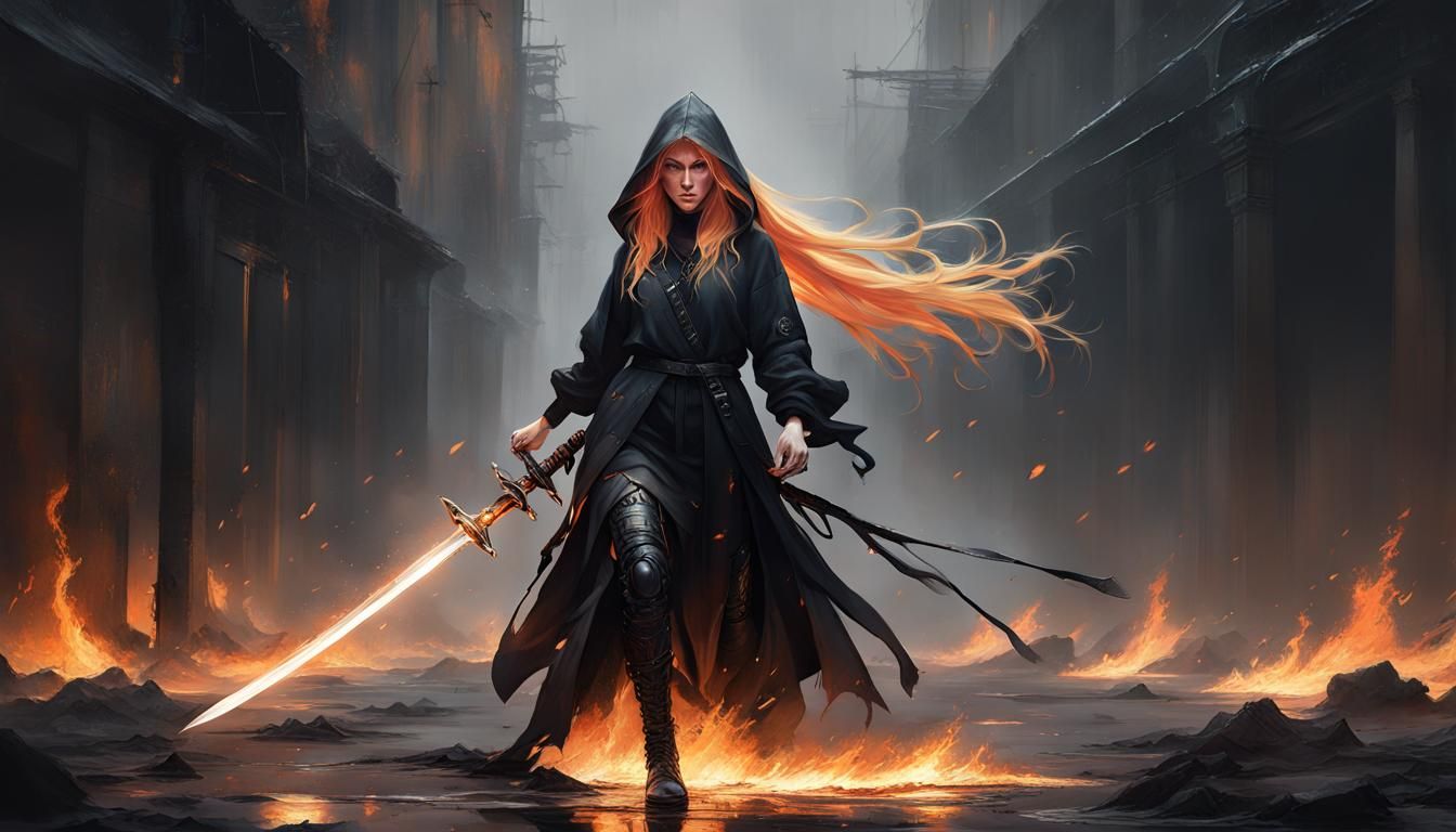 Fierce Woman Warrior with Sword in Oil Painting